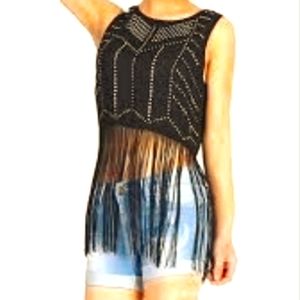 H&M Divided Black Jeweled Fringe Crop Top Art Deco Tank W/Rhinestones